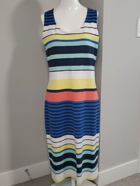Tommy Bahama Sleeveless Striped Midi Dress - Blue, Yellow, Coral & White